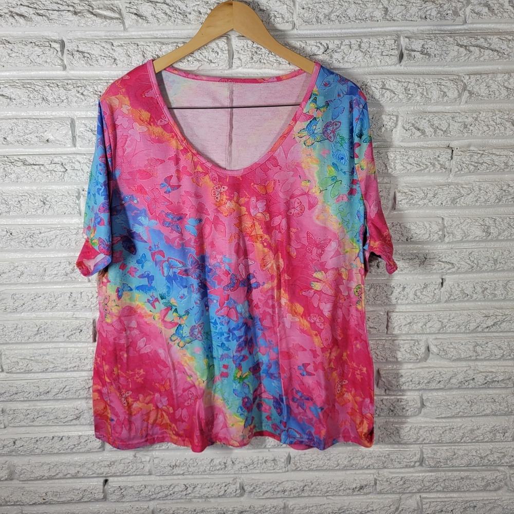 Watercolor Butterfly Pink Women's Plus Top 4XL Tee Short Sleeve Stretch Artsy